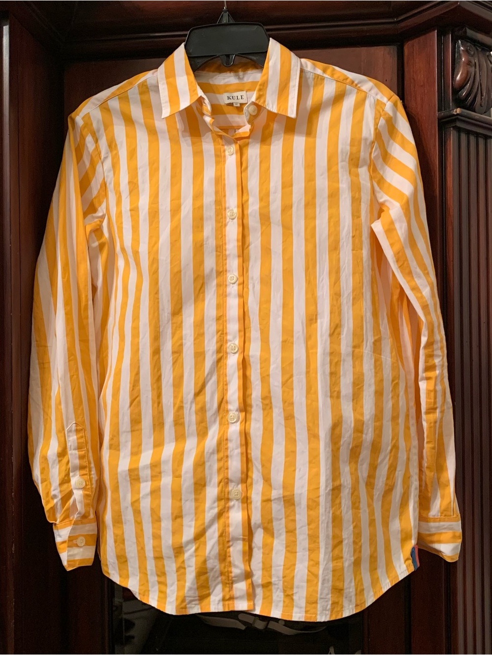 Kule Striped Long Sleeve Button Up Women’s XS Italian Cotton Yellow White Preppy